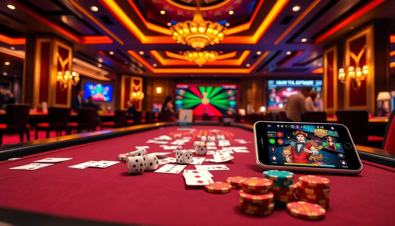 Excited players engaging with the app tài xỉu online on mobile devices in a luxurious casino.
