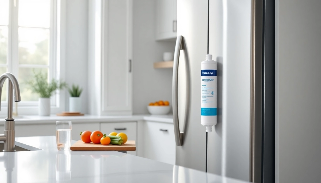 Waterdrop WF1CB Replacement for Frigidaire® PureSource WFCB filter showcased in a modern kitchen.