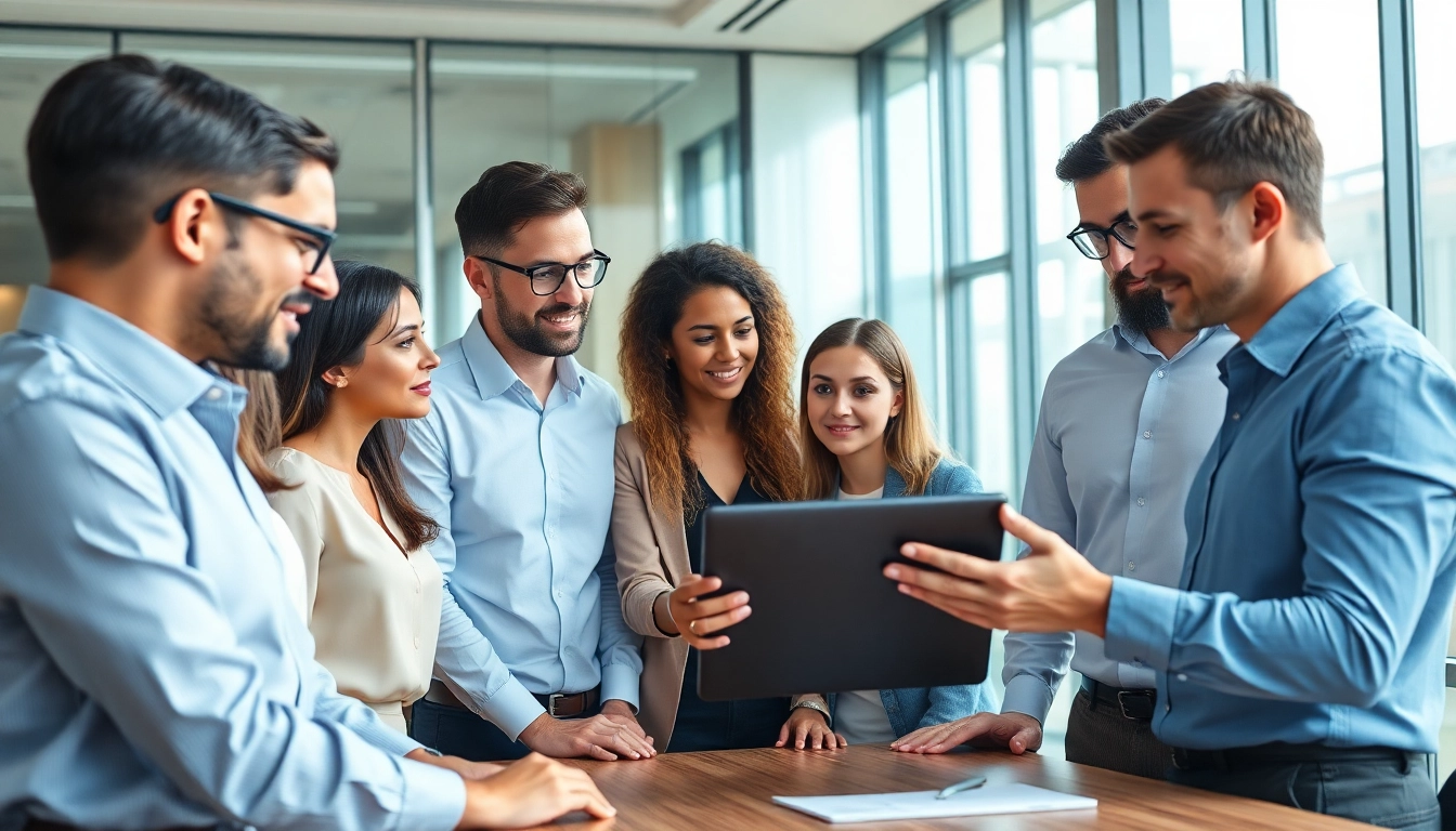 AI consulting company in UK team collaborating in a modern office environment.