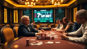 Experience high-stakes excitement with 7upbet at a luxurious poker table.