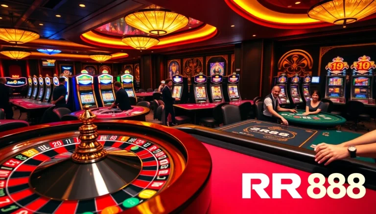 Experience high-stakes action at RR88 casino with vibrant chips and engaging players.