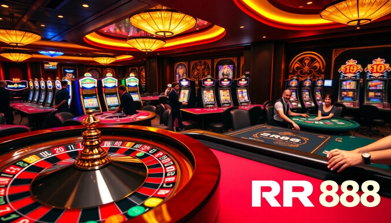 Experience high-stakes action at RR88 casino with vibrant chips and engaging players.