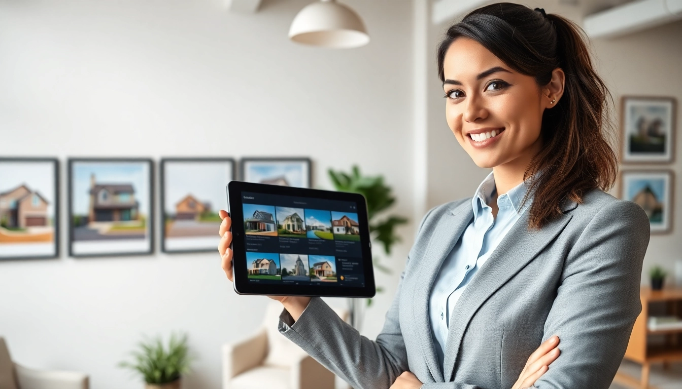 Real estate agent at www.tbplhomes.com showing property listings in a modern office.