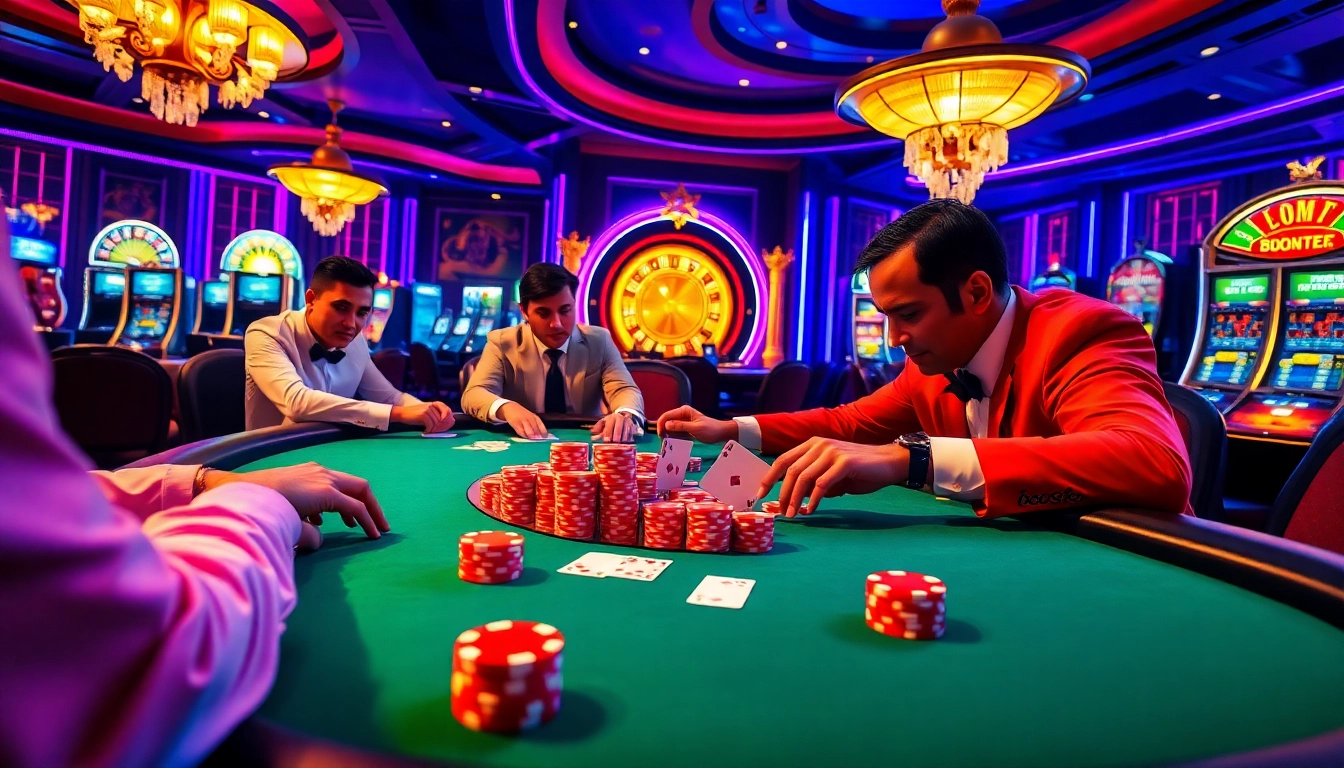 Engaged gamblers strategizing their next move at a thrilling casino table featuring boosterjp poker chips.