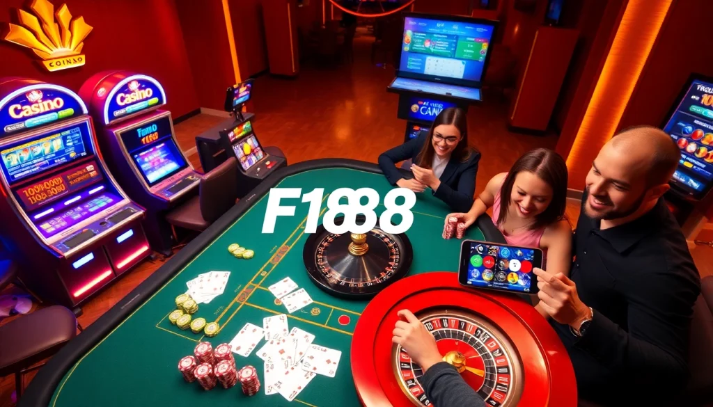 Players enjoying F168 online casino games with roulette and cards on a vibrant table.