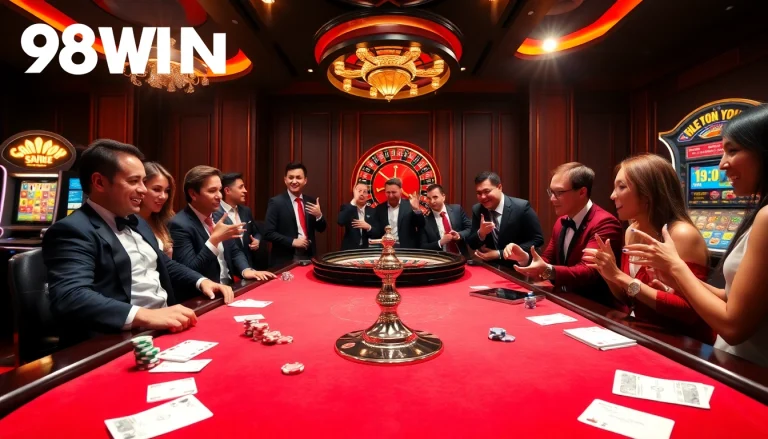 Experience the thrill of winning at 98WIN with a vibrant casino scene featuring poker chips and card games.