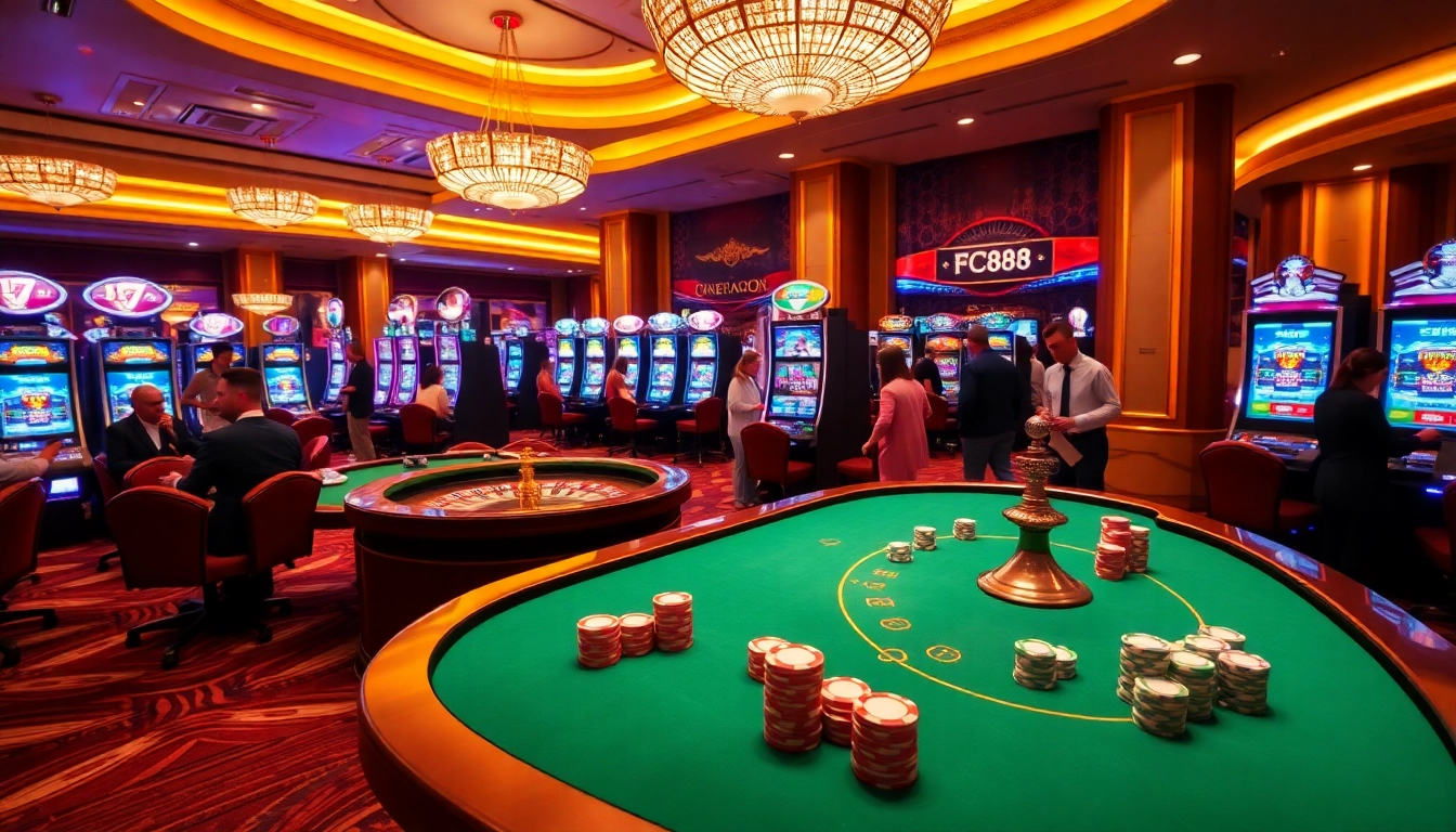 Engaging gameplay at Fc88 casino with players at poker and slot machines.