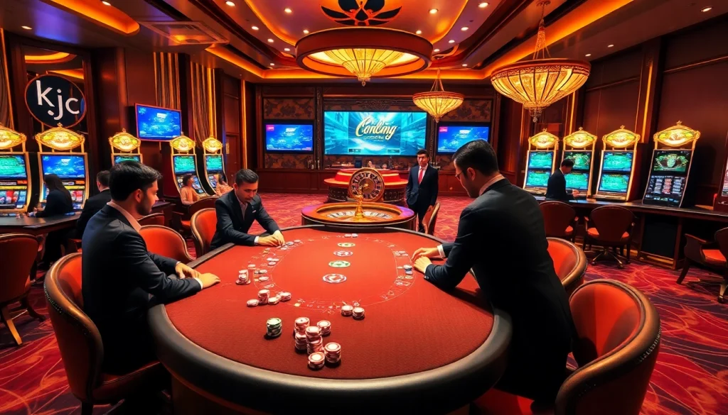 KJC gaming environment featuring casino tables, poker chips, and luxury slot machines.
