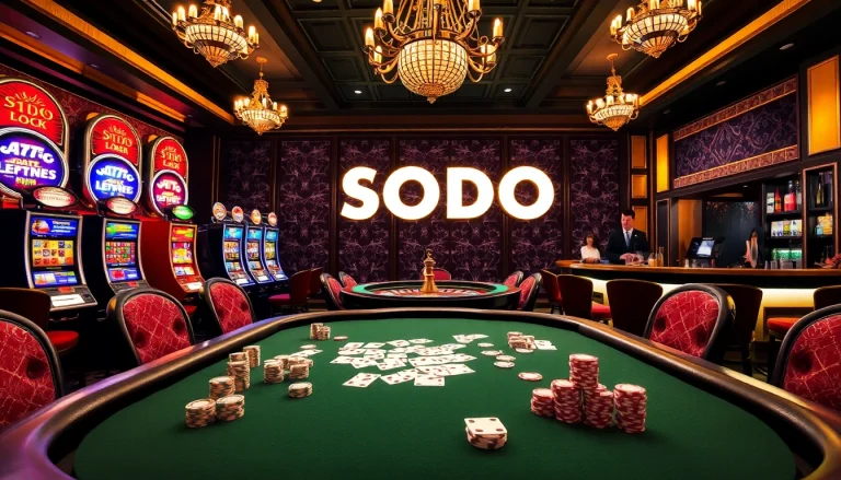 SODO Casino experience featuring a luxurious poker table and vibrant slot machines.