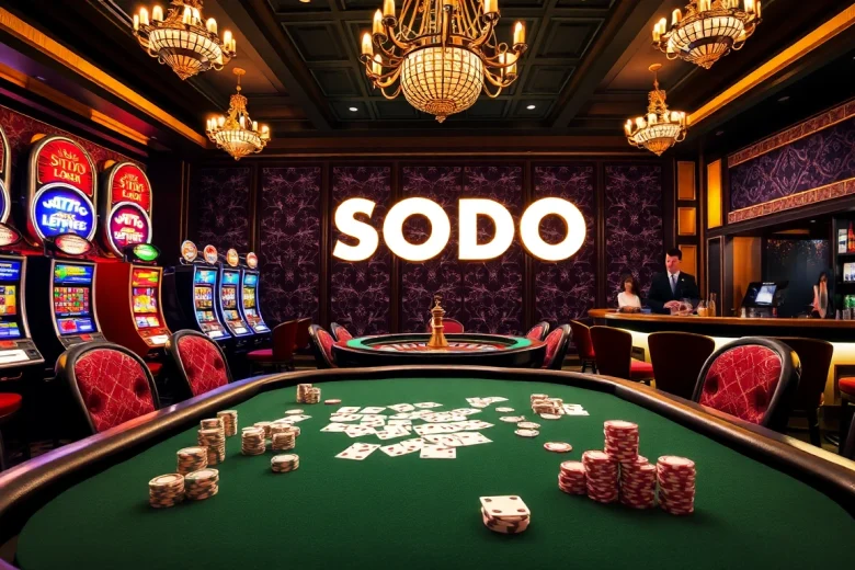 SODO Casino experience featuring a luxurious poker table and vibrant slot machines.