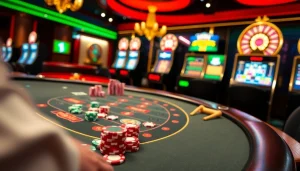 Engaging online casino experience at http://mm88.center/ with vibrant slot machines and a blackjack table.