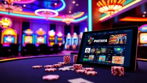 Phtaya gambling scene showcasing a stylish gaming table with poker chips and vibrant slot machines.
