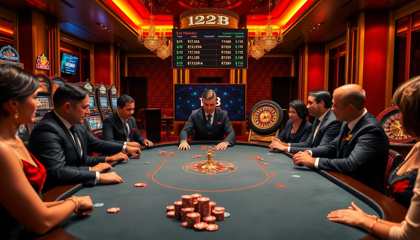 Players engage at the poker table, showcasing the thrill found at https://123b.ing/ in a luxurious casino setting.
