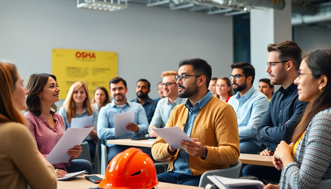 Facilitator conducting OSHA training carolinas with engaged participants in a modern classroom.