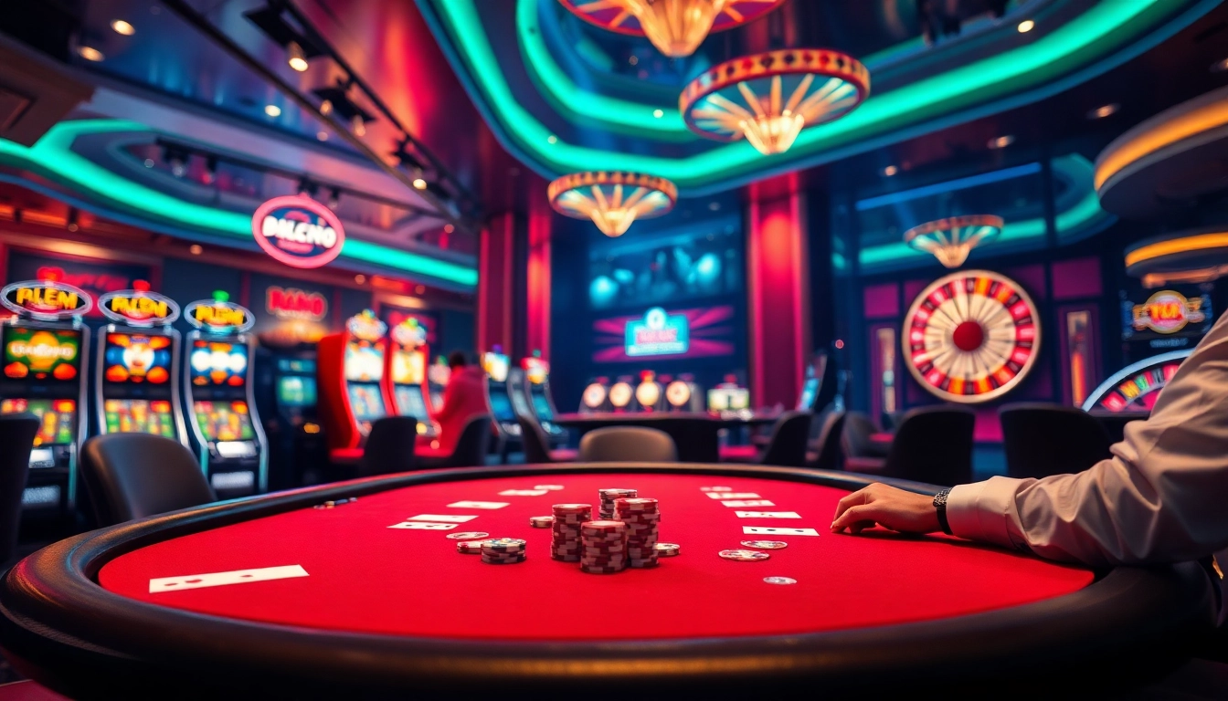 Experience the thrill of gaming with the luxurious casino atmosphere of Five88.foo featuring poker tables and slot machines.