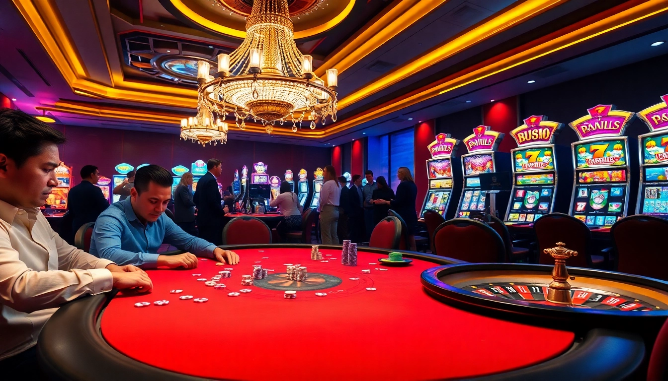 Experience the thrill of RR88 with an exciting poker table and roulette wheel in a luxurious casino setting.