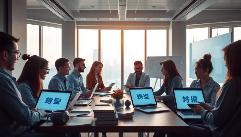 Professional team collaborating using 有道翻译 in a modern office