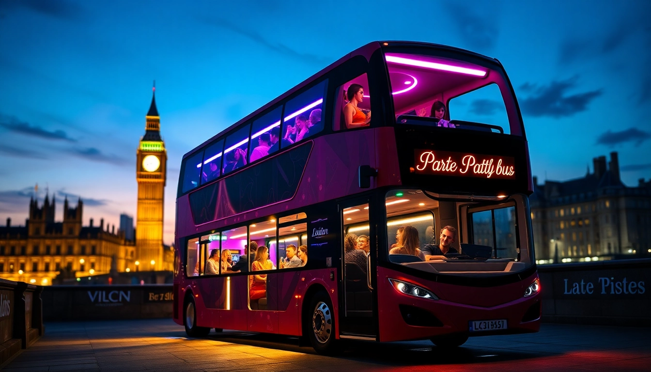Hire a party bus in London showcasing a luxurious interior with vibrant nightlife backdrop.