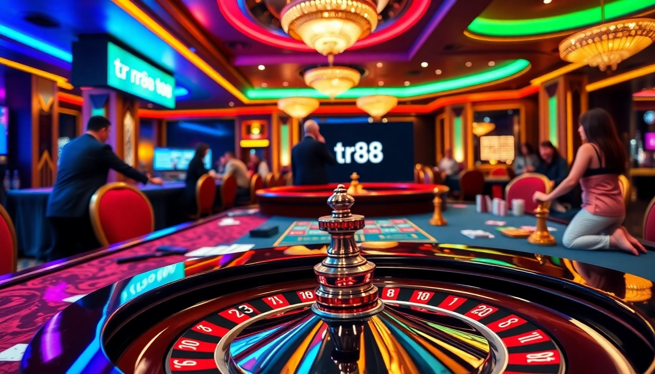 Tr88 logo featuring vibrant casino tables and lively gambling action
