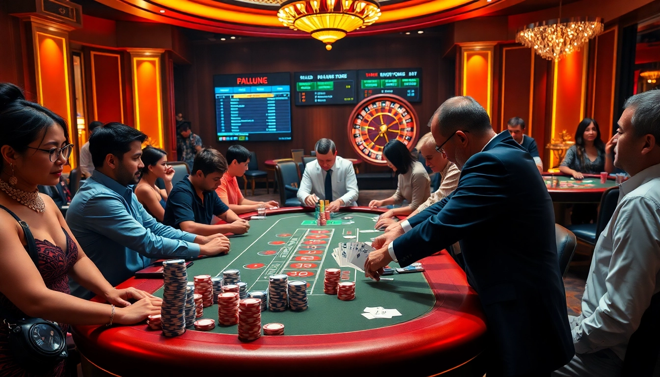 Engage in high-stakes gaming at PS99 with vibrant casino tables and excited gamblers.