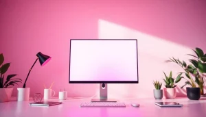 Vibrant pink screen used for ambient lighting in a modern workspace.