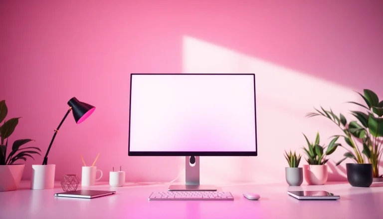 Vibrant pink screen used for ambient lighting in a modern workspace.