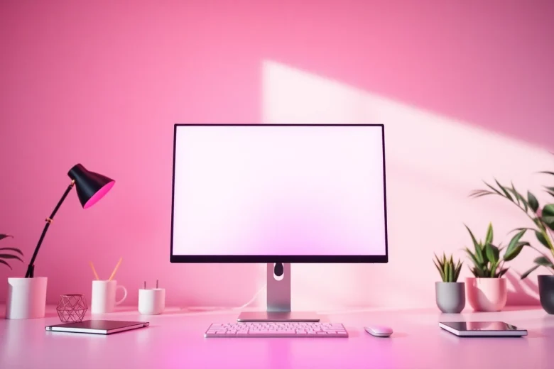Vibrant pink screen used for ambient lighting in a modern workspace.