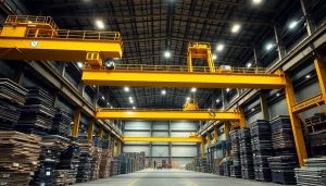 Bridge crane in action, showcasing industrial lifting solutions in a busy warehouse.