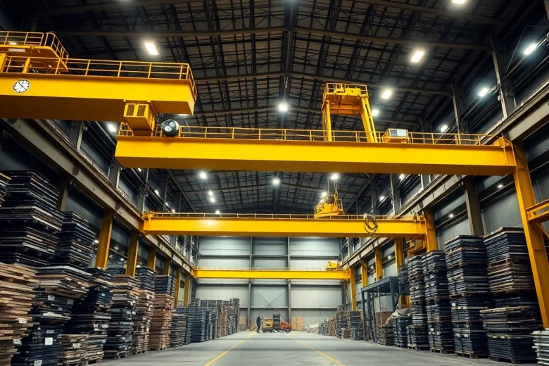 Bridge crane in action, showcasing industrial lifting solutions in a busy warehouse.