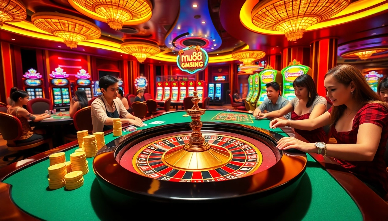 Players enjoying high-stakes action at mu88 casino tables with vibrant atmosphere and luxurious décor.