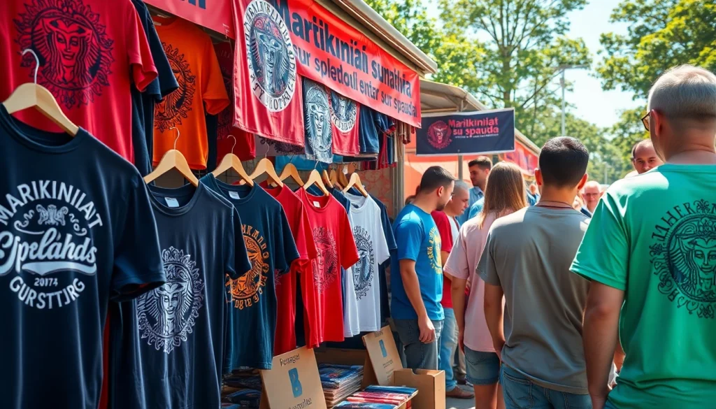 Marškiniai su spauda rodomi lauko turguje, demonstruojantys ryškius individualiai spausdintus marškinėlius