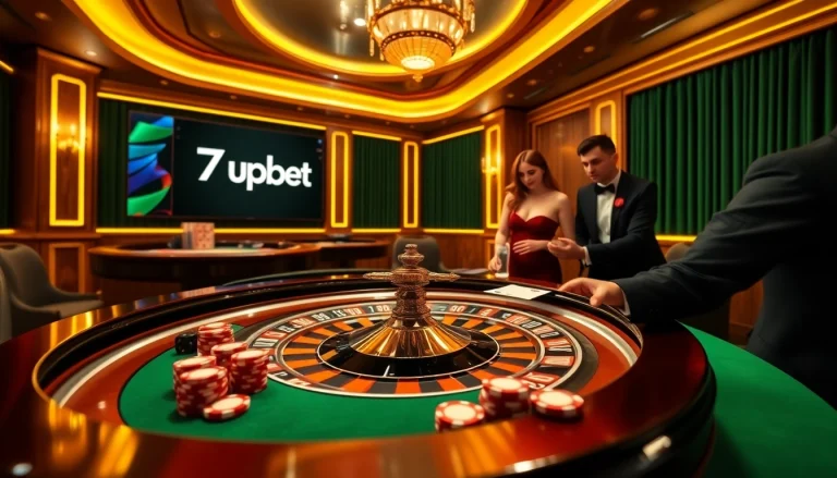 Engage in thrilling casino action with 7upbet featuring poker chips on a luxurious roulette table.