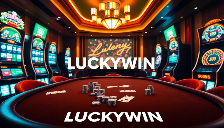 LuckyWin online casino scene with poker chips and slot machines exuding luxury and excitement.