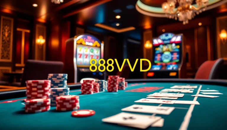 Players engaging in high-stakes gaming at 888VND online casino table with vibrant chips.