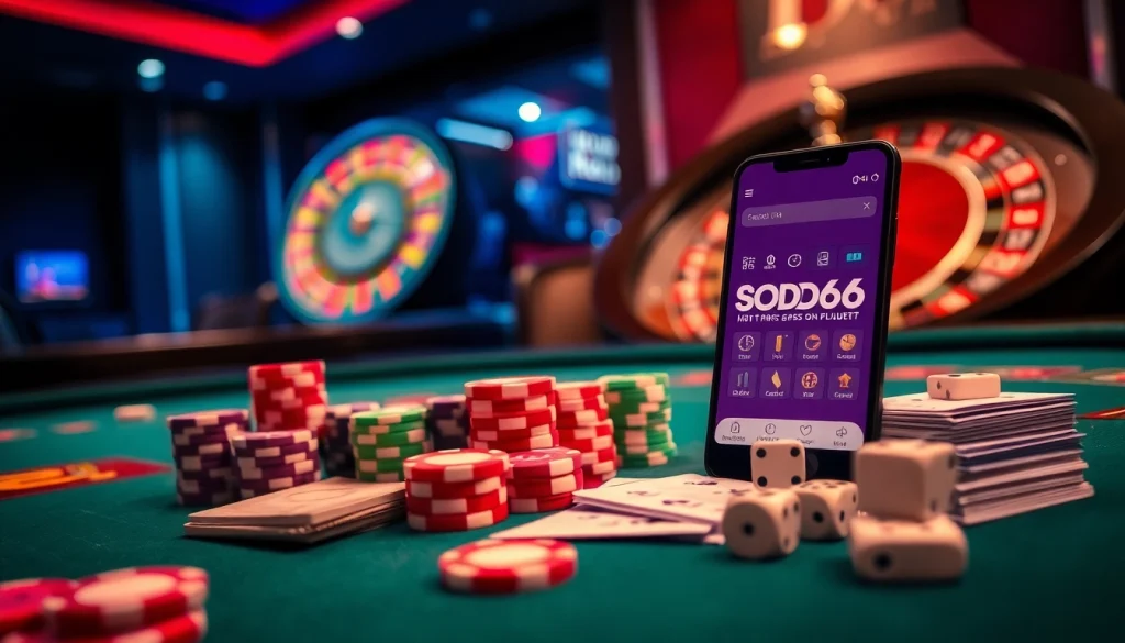Engage with excitement at SODO66VN, featuring high-stakes poker chips and the app interface.