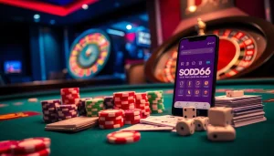 Engage with excitement at SODO66VN, featuring high-stakes poker chips and the app interface.