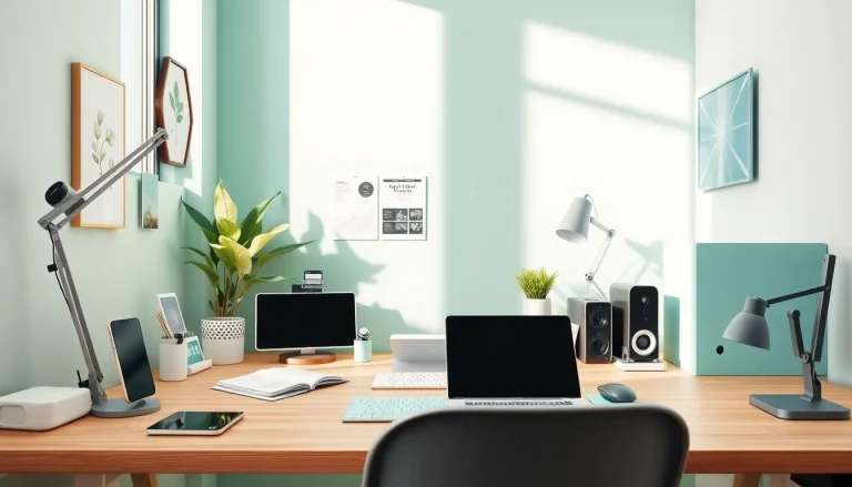 MMOO-themed workspace showcasing innovative gadgets and stylish accessories in a modern professional setting.