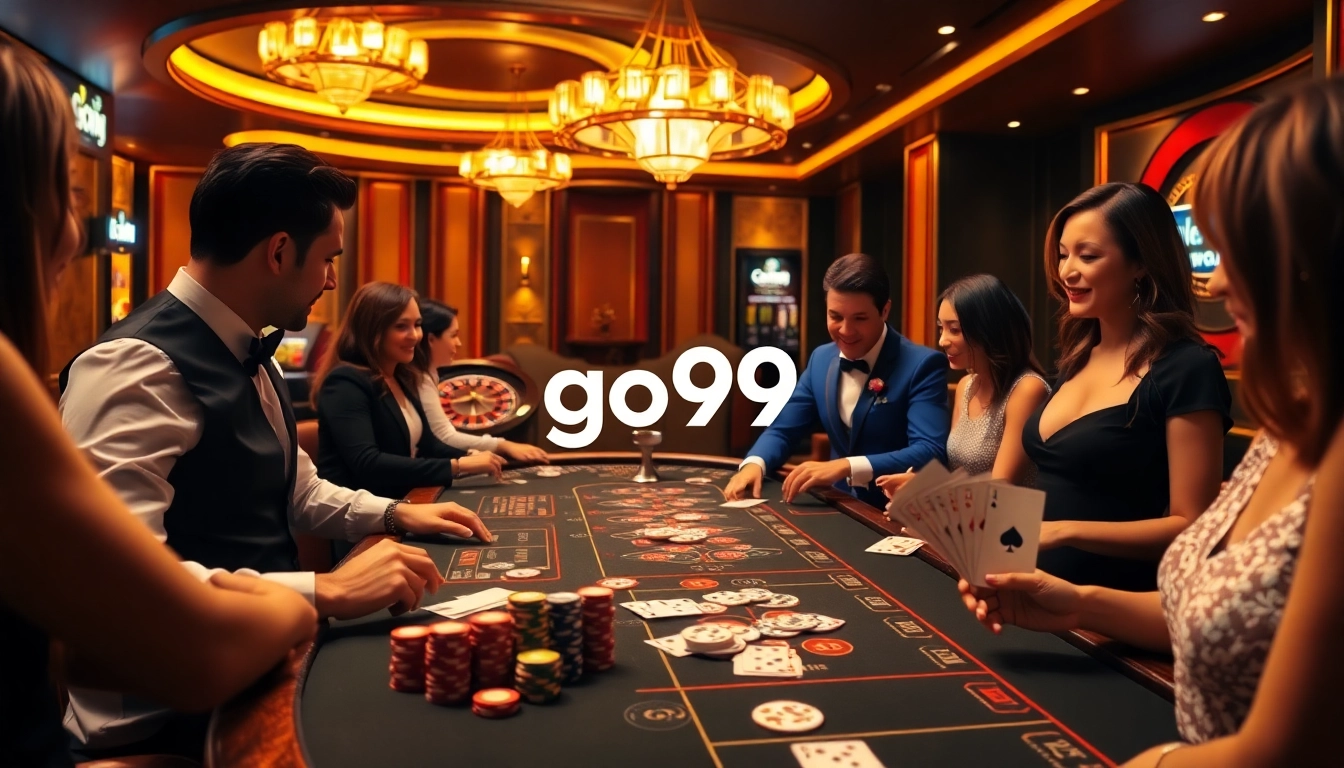 Excited players enjoy a thrilling game at a luxurious go99-themed casino table.