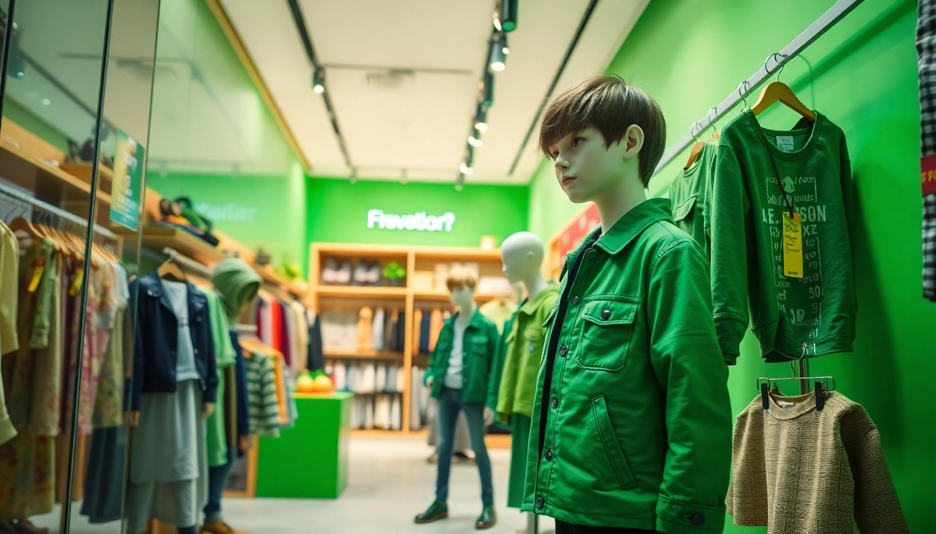 An engaging storefront displaying vibrant BOTOL169-themed fashion apparel for youths, highlighting stylish green tones.