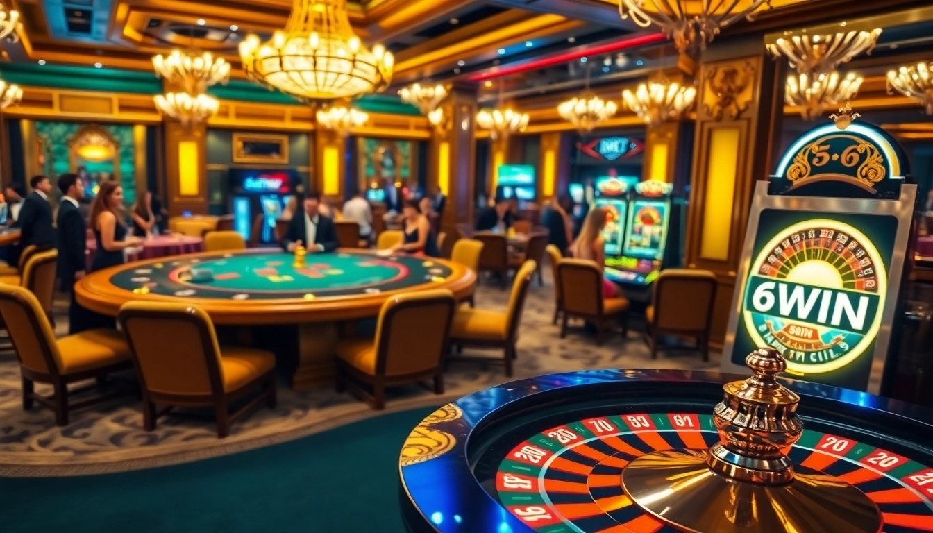 Excited players gather around the 56WIN poker table in a luxurious casino setting.