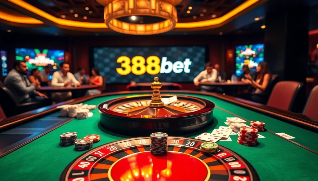 Join the excitement at 388bet with thrilling poker and roulette games in a luxurious casino setting.