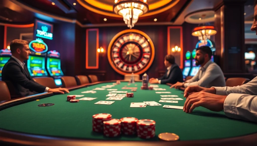 Topclub players engage in an intense poker game with vibrant chips and cards in a luxurious casino setting.