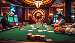 Topclub players engage in an intense poker game with vibrant chips and cards in a luxurious casino setting.