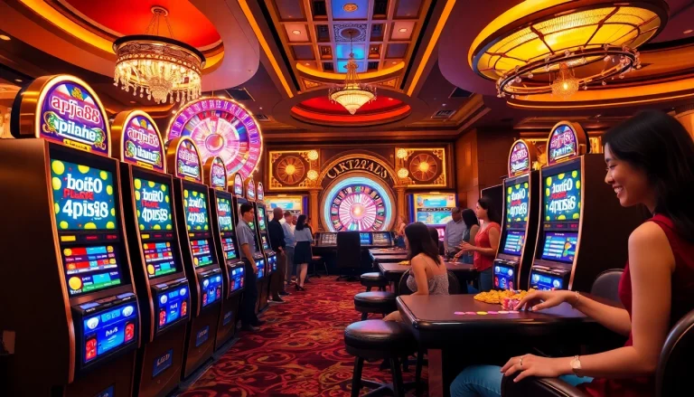 Players enjoying slot apiraja88 machines in a vibrant casino atmosphere filled with excitement.