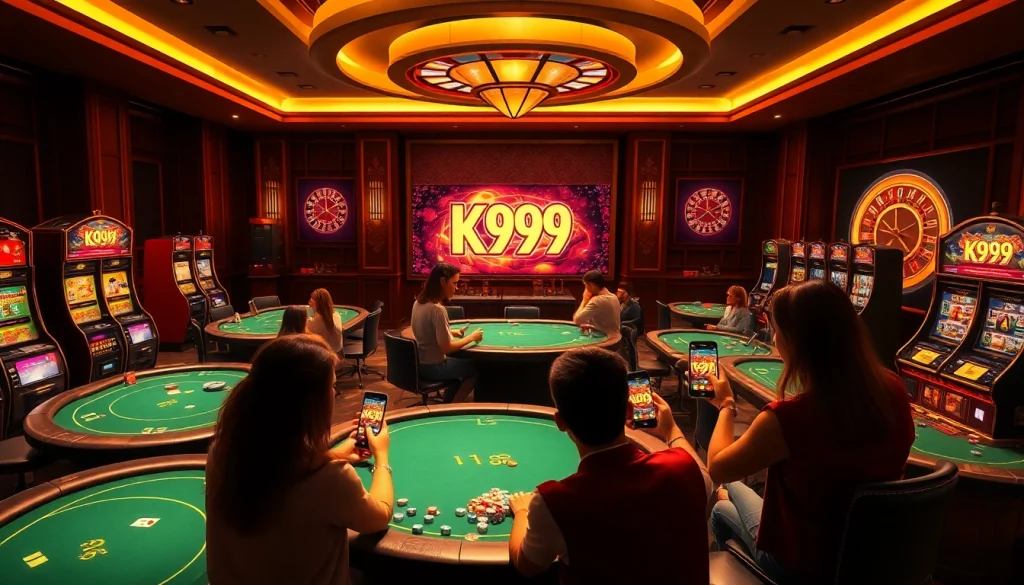 Players enjoying the k9k9 game surrounded by vibrant casino elements and poker tables.