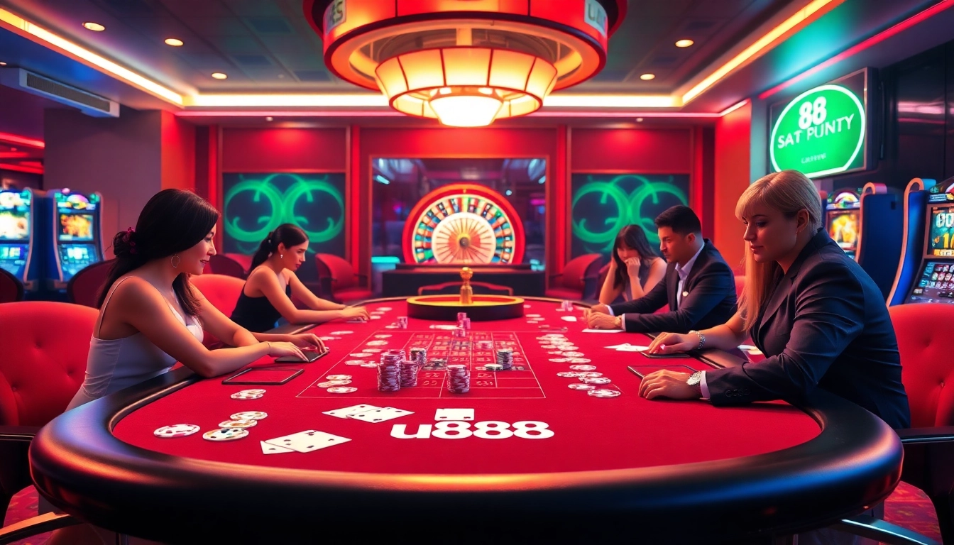 Exciting gambling scene at u888 casino with colorful poker chips and vibrant slot machines.
