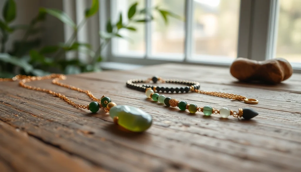 Showcasing Spiritual Jewelry pieces with gemstones on a textured wooden surface.