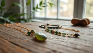 Showcasing Spiritual Jewelry pieces with gemstones on a textured wooden surface.