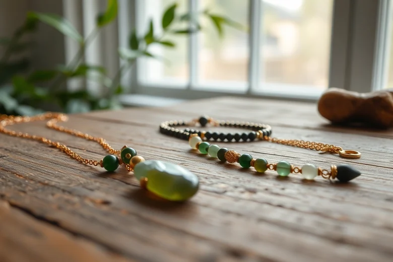Showcasing Spiritual Jewelry pieces with gemstones on a textured wooden surface.