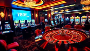 Gamble at the elegant casino featuring 789f link on digital displays and luxurious gaming tables.